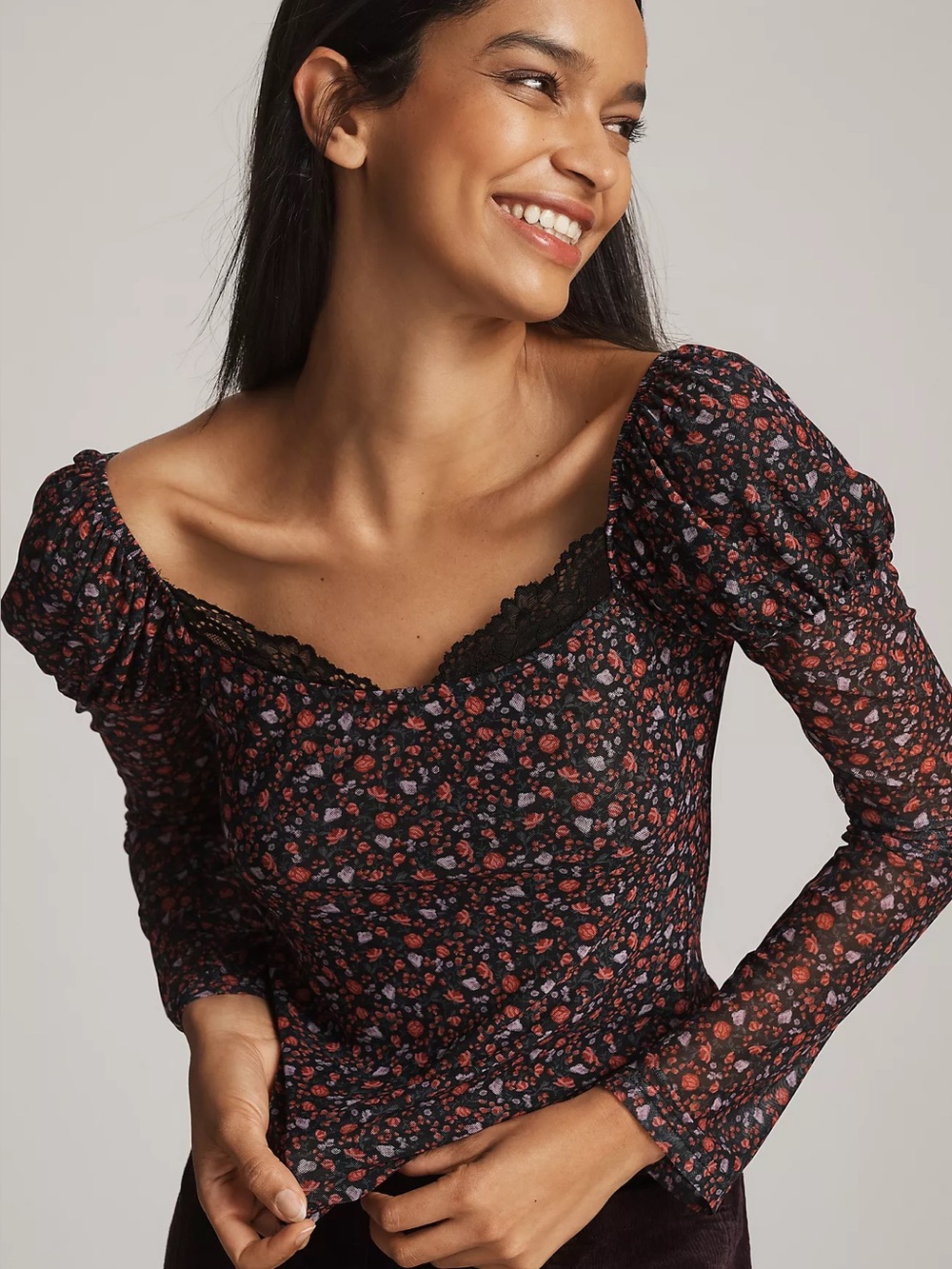 Anthropologie Maeve Mutton Sheer Black Red Floral Puff Sleeve Blouse Size XL